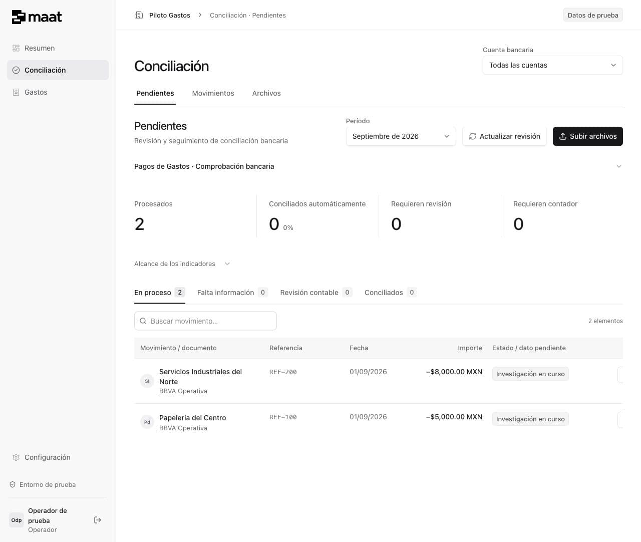 Conciliación en maat: cuenta seleccionada, pendientes y movimientos con datos de ejemplo.